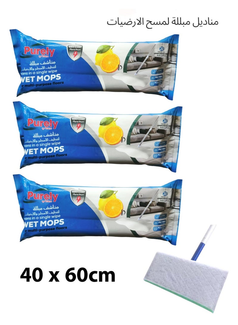 3 Packs of Lemon and Orange Scent Floor-Cleaning Wet Mops Wipes 20 Pieces in One